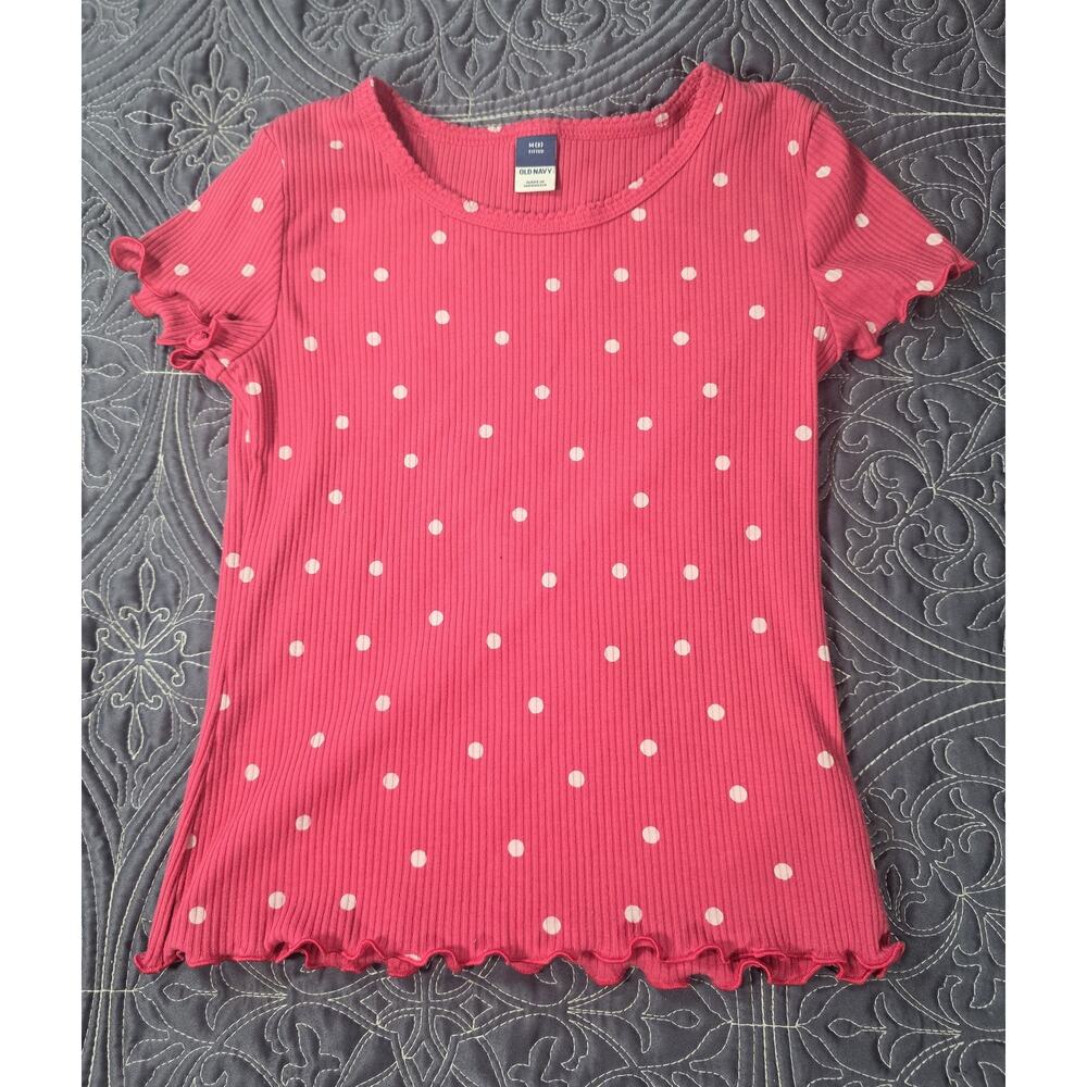 Old Navy Pink Polka Dot Ribbed Lettuce Hem Top Girls Size 8